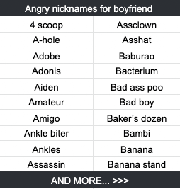 Angry nicknames for boyfriend 4 scoop Assclown A-hole Asshat Adobe Baburao Adonis Bacterium Aiden Bad ass poo Amateur Bad boy Amigo Baker’s dozen Ankle biter Bambi Ankles Banana Assassin Banana stand