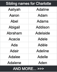 Sibling names for Charlotte	 Aaliyah	Adaline Aaron	Adam Abel	Adams Abigail	Addison Abraham	Adelaide Acacia	Adele Ada	Adèle Adair	Adeline Adalee	Adelle Adalene	Aden
