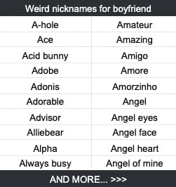 Weird nicknames for boyfriend A-hole	Amateur Ace	Amazing Acid bunny	Amigo Adobe	Amore Adonis	Amorzinho Adorable	Angel Advisor	Angel eyes Alliebear	Angel face Alpha	Angel heart Always busy	Angel of mine