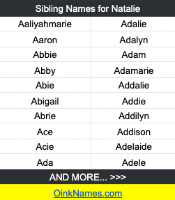 Sibling Names That Go With Natalie AaliyahmarieAdalie
Aaron	Adalyn
Abbie	Adam
Abby	Adamarie
Abie	Addalie
Abigail	Addie
Abrie	Addilyn
Ace	Addison
Acie	Adelaide
Ada	Adele